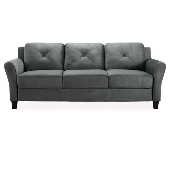 Modern 3-seater sofa upholstered in dark grey microfiber with tufted back cushions, flared arms, and a durable eucalyptus wood frame – ideal for contemporary or transitional living spaces
