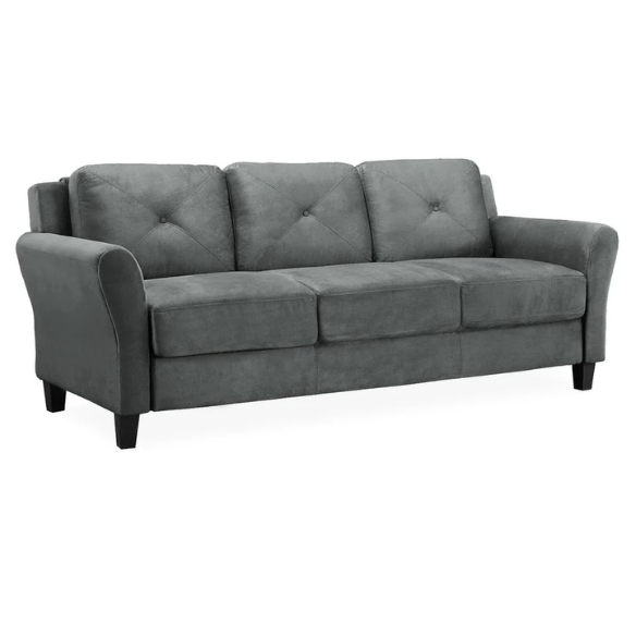 Modern 3-seater sofa upholstered in dark grey microfiber with tufted back cushions, flared arms, and a durable eucalyptus wood frame – ideal for contemporary or transitional living spaces