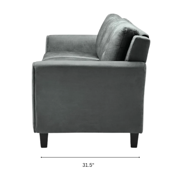 Modern 3-seater sofa upholstered in dark grey microfiber with tufted back cushions, flared arms, and a durable eucalyptus wood frame – ideal for contemporary or transitional living spaces