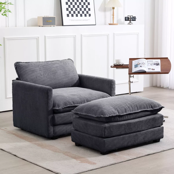 Dark grey corduroy accent chair with matching ottoman, featuring soft high-pile fabric, high-resilience foam cushions, and a sturdy metal and wood frame.