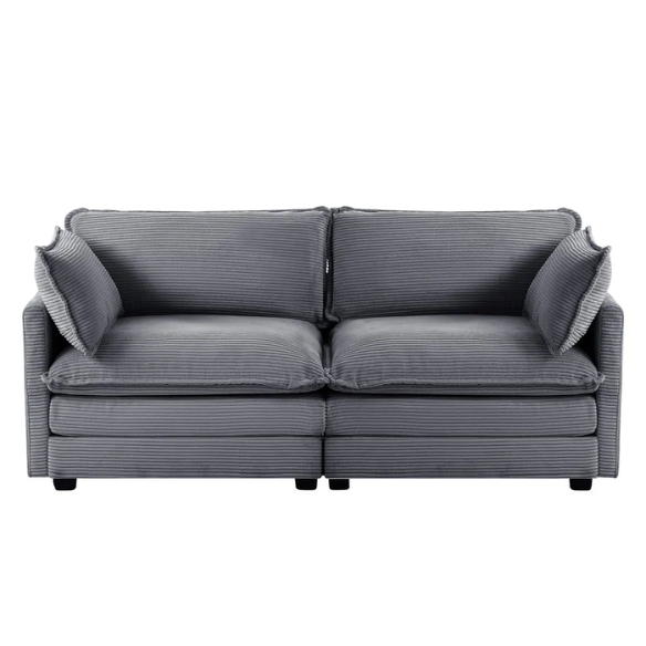 Dark grey corduroy loveseat sofa with plush upholstery, modern track arms, and two-person seating—ideal for small spaces, living rooms, or home offices.