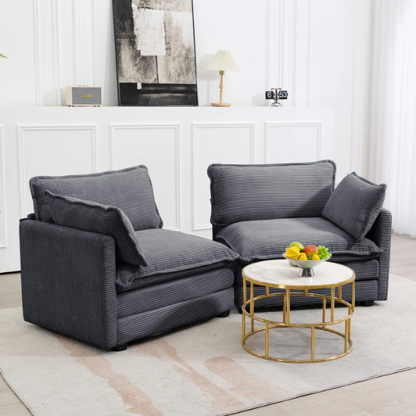 Dark grey corduroy loveseat sofa with plush upholstery, modern track arms, and two-person seating—ideal for small spaces, living rooms, or home offices.