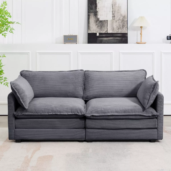 Dark grey corduroy loveseat sofa with plush upholstery, modern track arms, and two-person seating—ideal for small spaces, living rooms, or home offices.