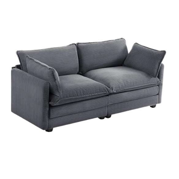 Dark grey corduroy loveseat sofa with plush upholstery, modern track arms, and two-person seating—ideal for small spaces, living rooms, or home offices.