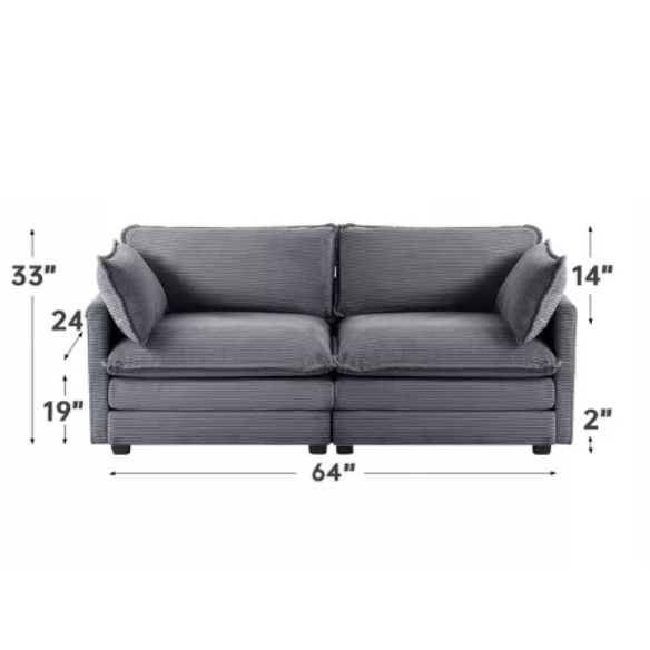 Dark grey corduroy loveseat sofa with plush upholstery, modern track arms, and two-person seating—ideal for small spaces, living rooms, or home offices.