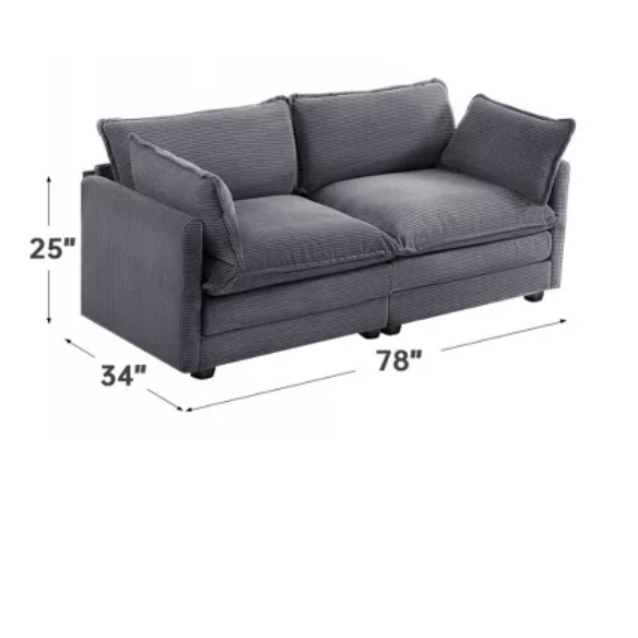 Dark grey corduroy loveseat sofa with plush upholstery, modern track arms, and two-person seating—ideal for small spaces, living rooms, or home offices.