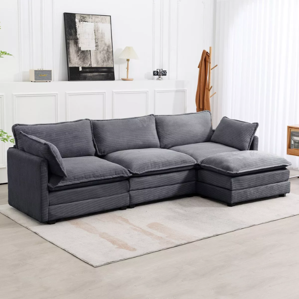 Three-Seater Dark Grey Corduroy Modular Sectional Sofa with Ottoman – Modern L-shaped configuration, soft high-pile fleece upholstery, pet-friendly, and customizable for small or large living spaces.