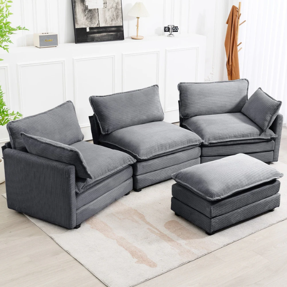 Three-Seater Dark Grey Corduroy Modular Sectional Sofa with Ottoman – Modern L-shaped configuration, soft high-pile fleece upholstery, pet-friendly, and customizable for small or large living spaces.