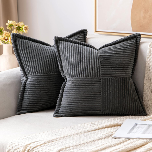 Dark grey corduroy pillow cover with geometric striped pattern, square shape, modern design, ideal for sofas, offices, and outdoor patios. Machine washable and eco-friendly.