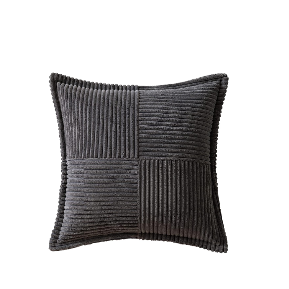 Dark grey corduroy pillow cover with geometric striped pattern, square shape, modern design, ideal for sofas, offices, and outdoor patios. Machine washable and eco-friendly.