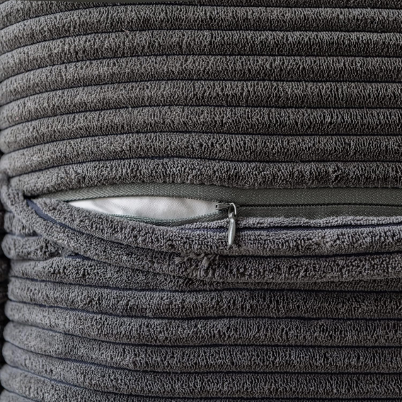 Dark grey corduroy pillow cover with geometric striped pattern, square shape, modern design, ideal for sofas, offices, and outdoor patios. Machine washable and eco-friendly.