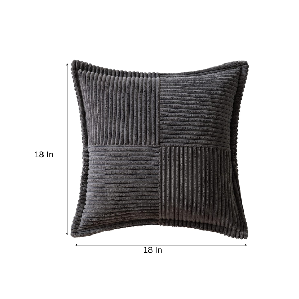 Dark grey corduroy pillow cover with geometric striped pattern, square shape, modern design, ideal for sofas, offices, and outdoor patios. Machine washable and eco-friendly.