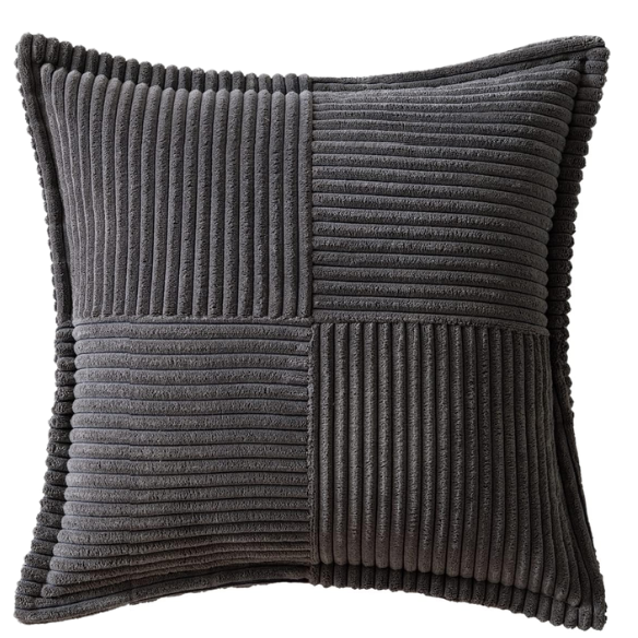Dark grey corduroy pillow cover with geometric striped pattern, square shape, modern design, ideal for sofas, offices, and outdoor patios. Machine washable and eco-friendly.