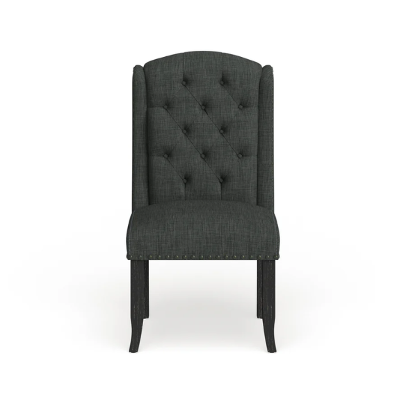 Set of two dark grey wingback farmhouse dining chairs with tufted backs, brass nailhead trim, and espresso-finished wooden legs
