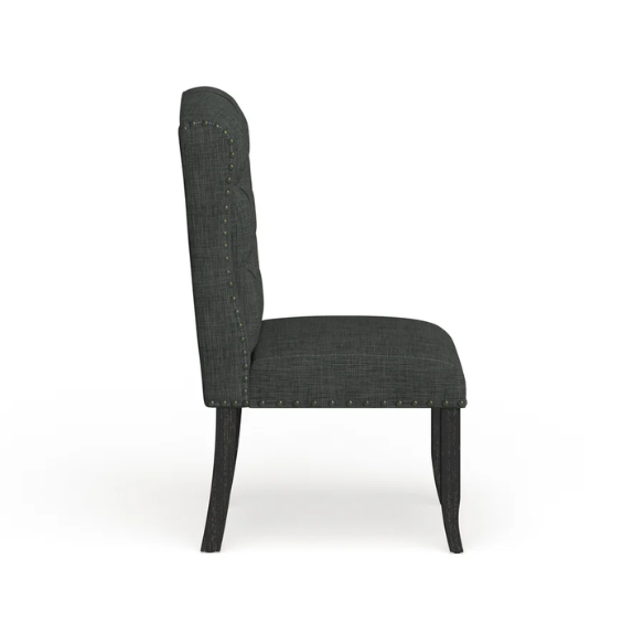 Set of two dark grey wingback farmhouse dining chairs with tufted backs, brass nailhead trim, and espresso-finished wooden legs