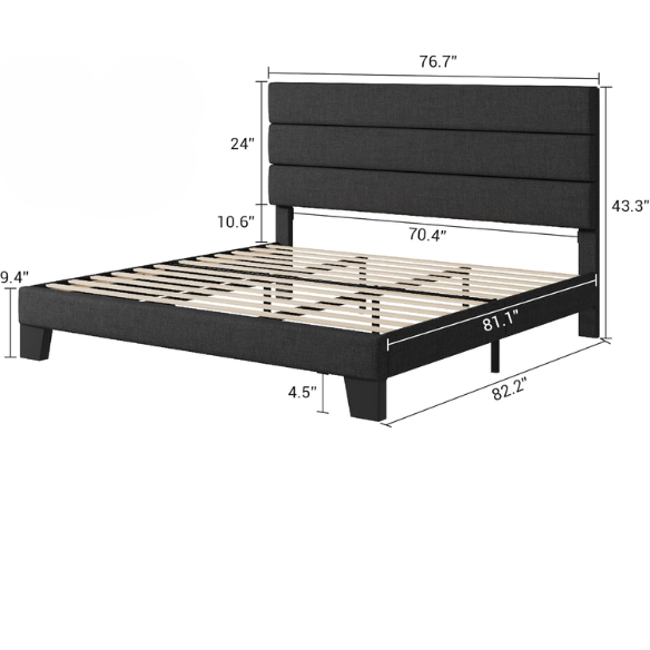 Dark grey king-size upholstered platform bed with padded headboard, slat support system, and no box spring needed