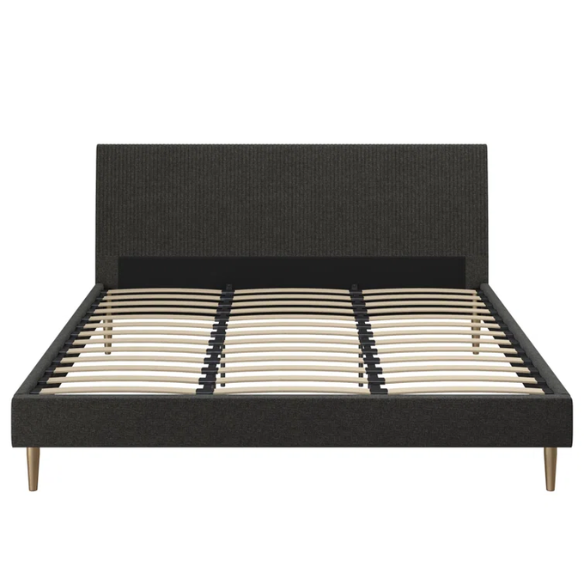 Dark grey linen upholstered king-size platform bed with rectangular headboard, wood slats, and no box spring required.