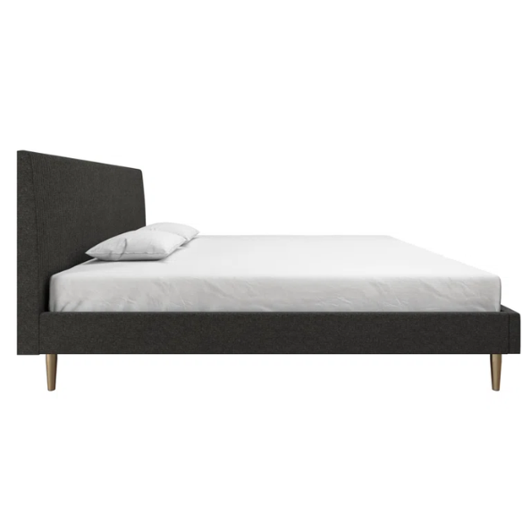 Dark grey linen upholstered king-size platform bed with rectangular headboard, wood slats, and no box spring required.