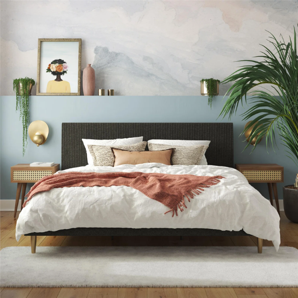 Dark grey linen upholstered king-size platform bed with rectangular headboard, wood slats, and no box spring required.