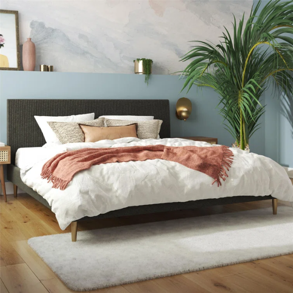 Dark grey linen upholstered king-size platform bed with rectangular headboard, wood slats, and no box spring required.