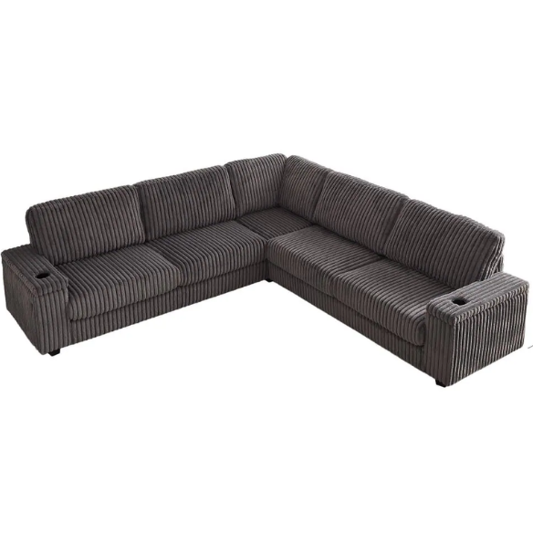 Dark grey modular corduroy sectional sofa with five seats, built-in USB ports, armrest storage, cup holders, and throw pillows