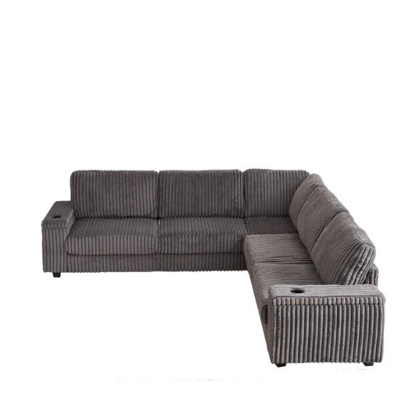 Dark grey modular corduroy sectional sofa with five seats, built-in USB ports, armrest storage, cup holders, and throw pillows