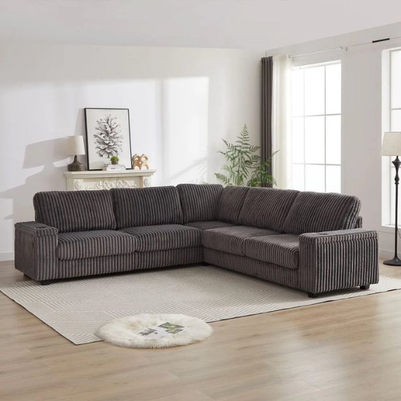 Dark grey modular corduroy sectional sofa with five seats, built-in USB ports, armrest storage, cup holders, and throw pillows