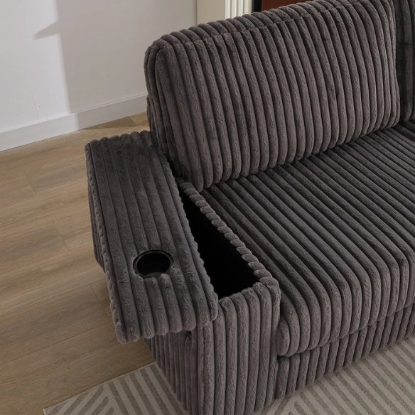 Dark grey modular corduroy sectional sofa with five seats, built-in USB ports, armrest storage, cup holders, and throw pillows
