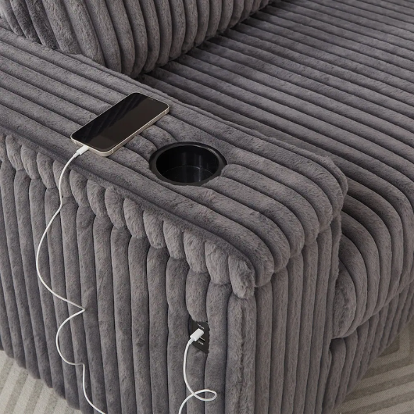 Dark grey modular corduroy sectional sofa with five seats, built-in USB ports, armrest storage, cup holders, and throw pillows