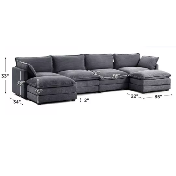 Dark grey 4-seat modular sectional sofa with two matching ottomans, upholstered in soft corduroy with high-resilience cushions and a sturdy wood and metal frame.