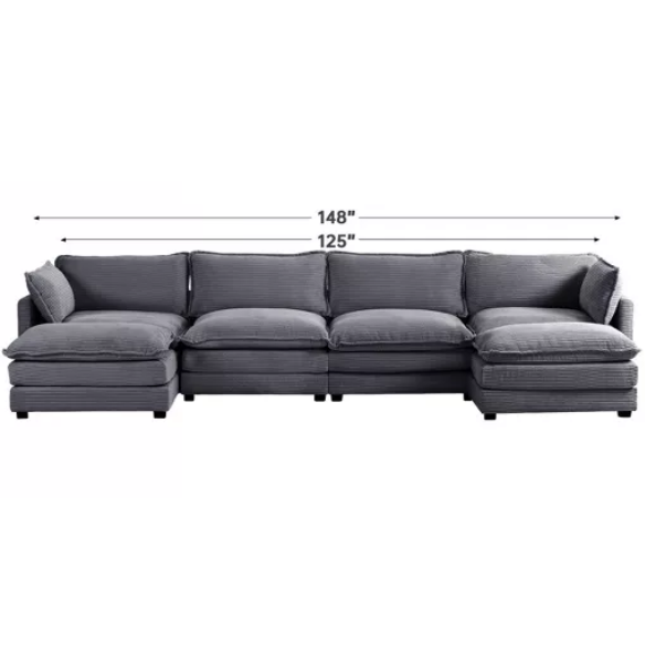 Dark grey 4-seat modular sectional sofa with two matching ottomans, upholstered in soft corduroy with high-resilience cushions and a sturdy wood and metal frame.