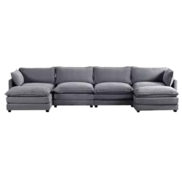 Dark grey 4-seat modular sectional sofa with two matching ottomans, upholstered in soft corduroy with high-resilience cushions and a sturdy wood and metal frame.