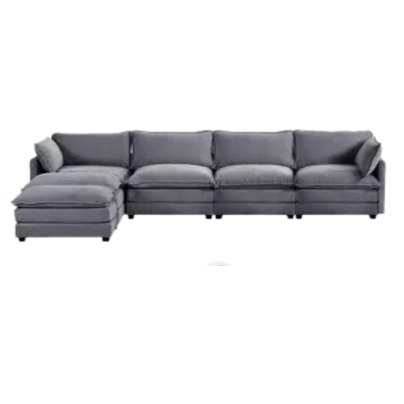 Dark grey 4-seat modular sectional sofa with two matching ottomans, upholstered in soft corduroy with high-resilience cushions and a sturdy wood and metal frame.