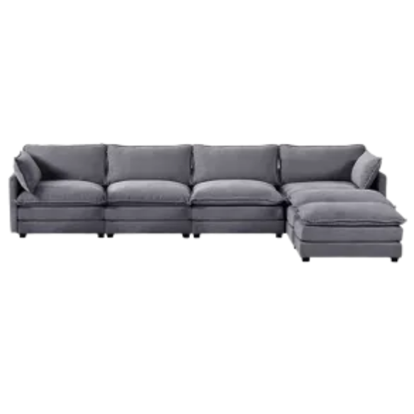 Dark grey 4-seat modular sectional sofa with two matching ottomans, upholstered in soft corduroy with high-resilience cushions and a sturdy wood and metal frame.