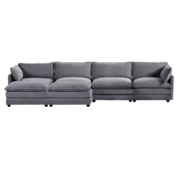 Dark grey 4-seat modular sectional sofa with two matching ottomans, upholstered in soft corduroy with high-resilience cushions and a sturdy wood and metal frame.