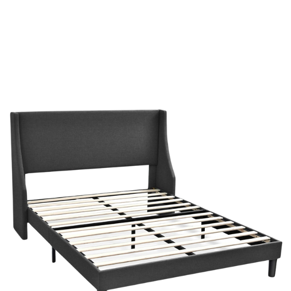 Dark grey upholstered queen platform bed with wingback headboard, slatted base, and black tapered legs – no box spring required