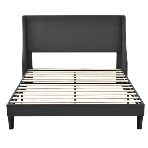 Dark grey upholstered queen platform bed with wingback headboard, slatted base, and black tapered legs – no box spring required