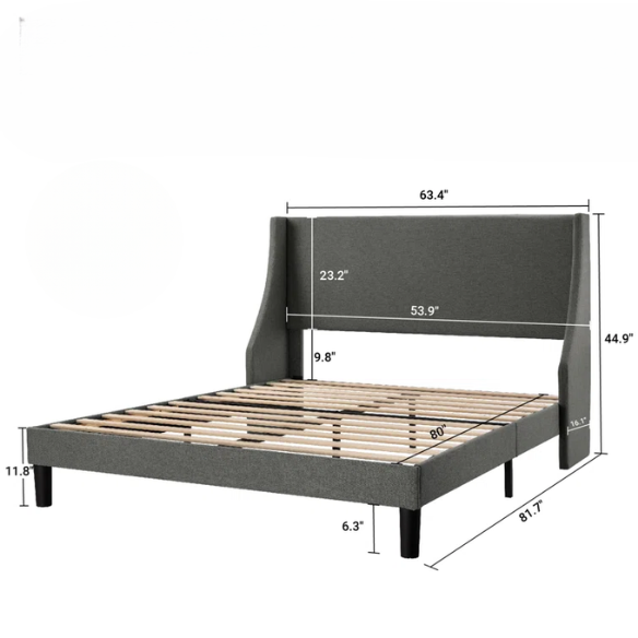 Dark grey upholstered queen platform bed with wingback headboard, slatted base, and black tapered legs – no box spring required
