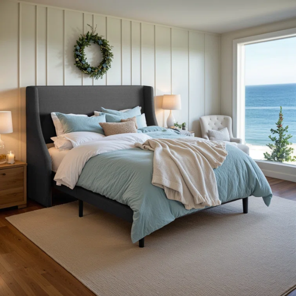 Dark grey upholstered queen platform bed with wingback headboard, slatted base, and black tapered legs – no box spring required