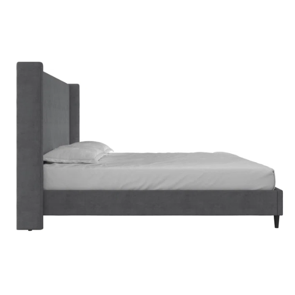 Dark grey soft woven upholstered king platform bed with tall wingback headboard and sturdy slat support.