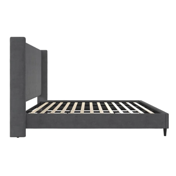 Dark grey soft woven upholstered king platform bed with tall wingback headboard and sturdy slat support.