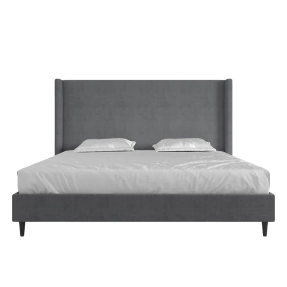 Dark grey soft woven upholstered king platform bed with tall wingback headboard and sturdy slat support.