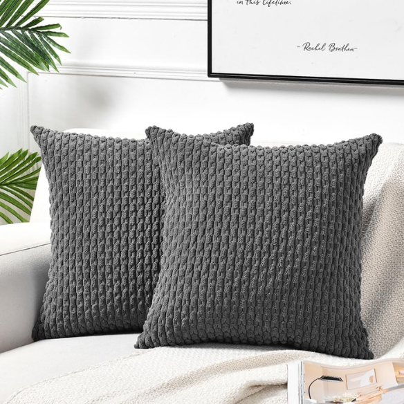 Dark Grey Striped Corduroy Throw Pillow Cover – Modern Boho Style, Zipper Closure, Durable Polyester, Machine Washable