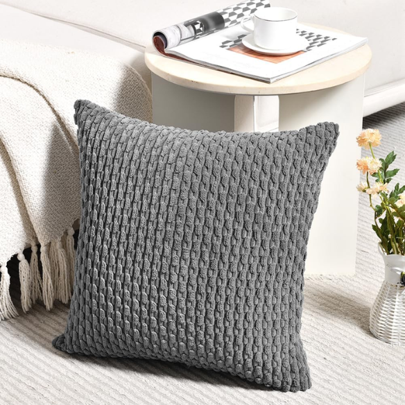 Dark Grey Striped Corduroy Throw Pillow Cover – Modern Boho Style, Zipper Closure, Durable Polyester, Machine Washable