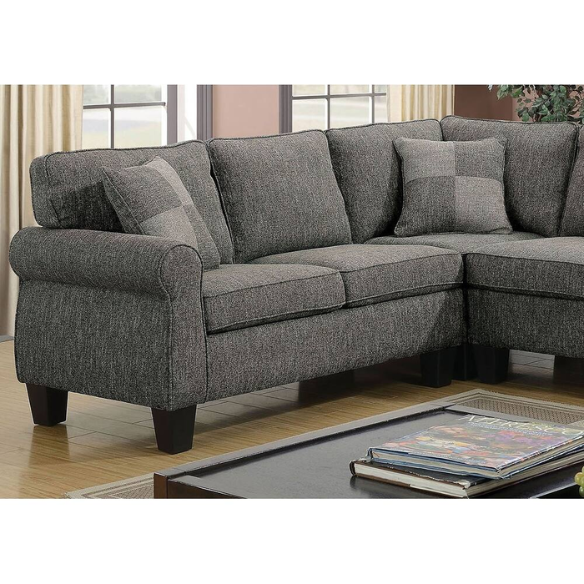 Dark grey transitional L-shaped sectional sofa with rolled arms, welt-trimmed cushions, and checkerboard accent pillows