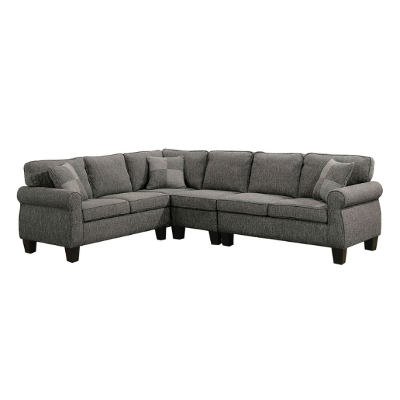 Dark grey transitional L-shaped sectional sofa with rolled arms, welt-trimmed cushions, and checkerboard accent pillows