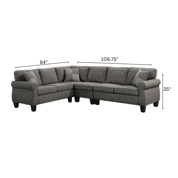 Dark grey transitional L-shaped sectional sofa with rolled arms, welt-trimmed cushions, and checkerboard accent pillows