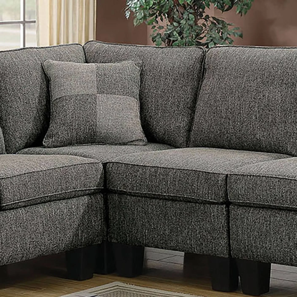 Dark grey transitional L-shaped sectional sofa with rolled arms, welt-trimmed cushions, and checkerboard accent pillows