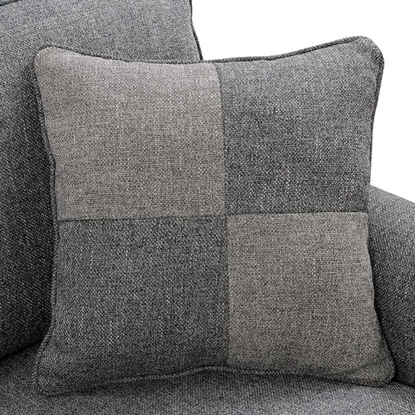 Dark grey transitional L-shaped sectional sofa with rolled arms, welt-trimmed cushions, and checkerboard accent pillows