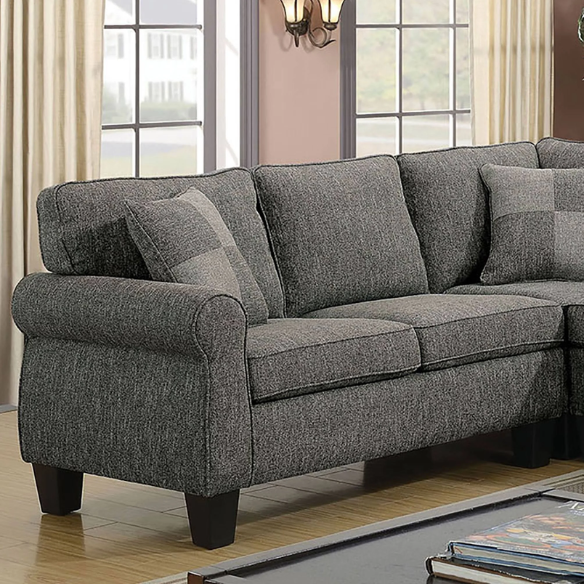 Dark grey transitional L-shaped sectional sofa with rolled arms, welt-trimmed cushions, and checkerboard accent pillows